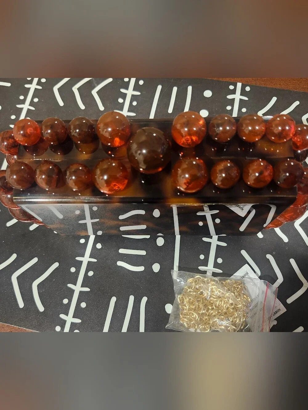 Tortoiseshell Acrylic Box Clutch Bag with Amber Bead Trim With Detachable Chain